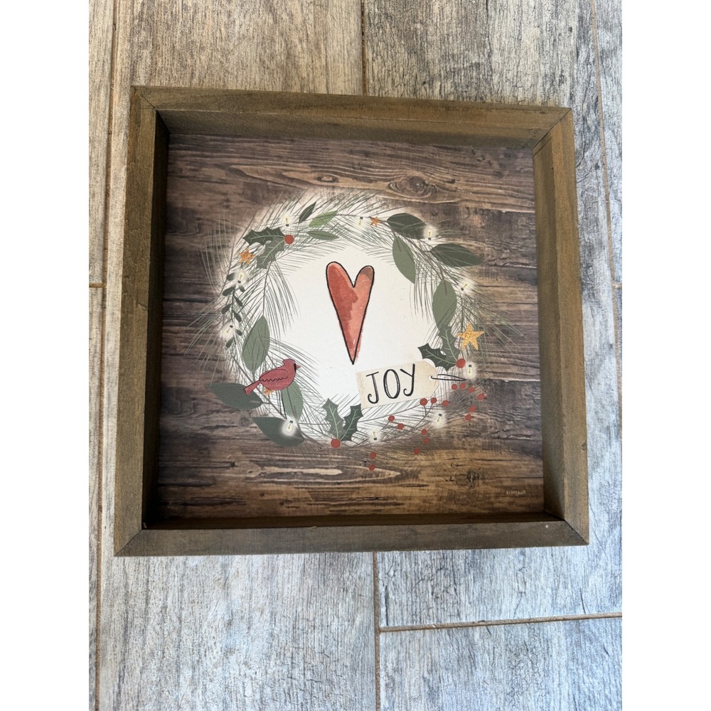 Joy Cardinal Wreath Wood Framed Wall Art Christmas Decor Bird 10" Katie Doucette